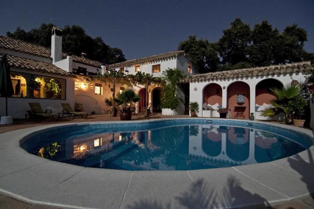 Vacation rental villa with a pool at dusk, payment processing for short-term rentals